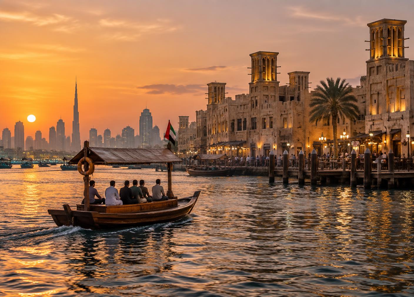 Traditional abra crossing Dubai Creek at sunset