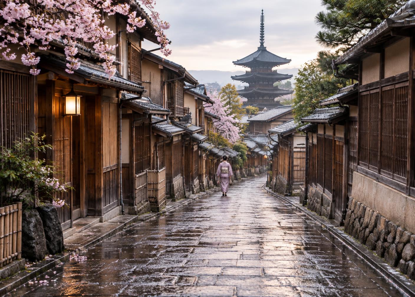 A quiet lane through Kyoto's historic wooden houses