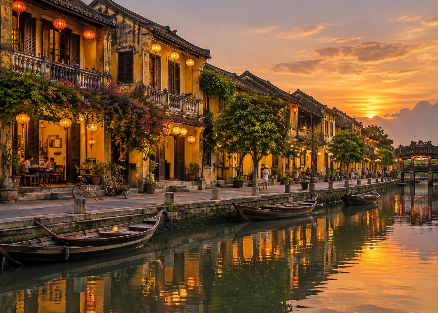 Lantern-lit riverside buildings in Hoi An